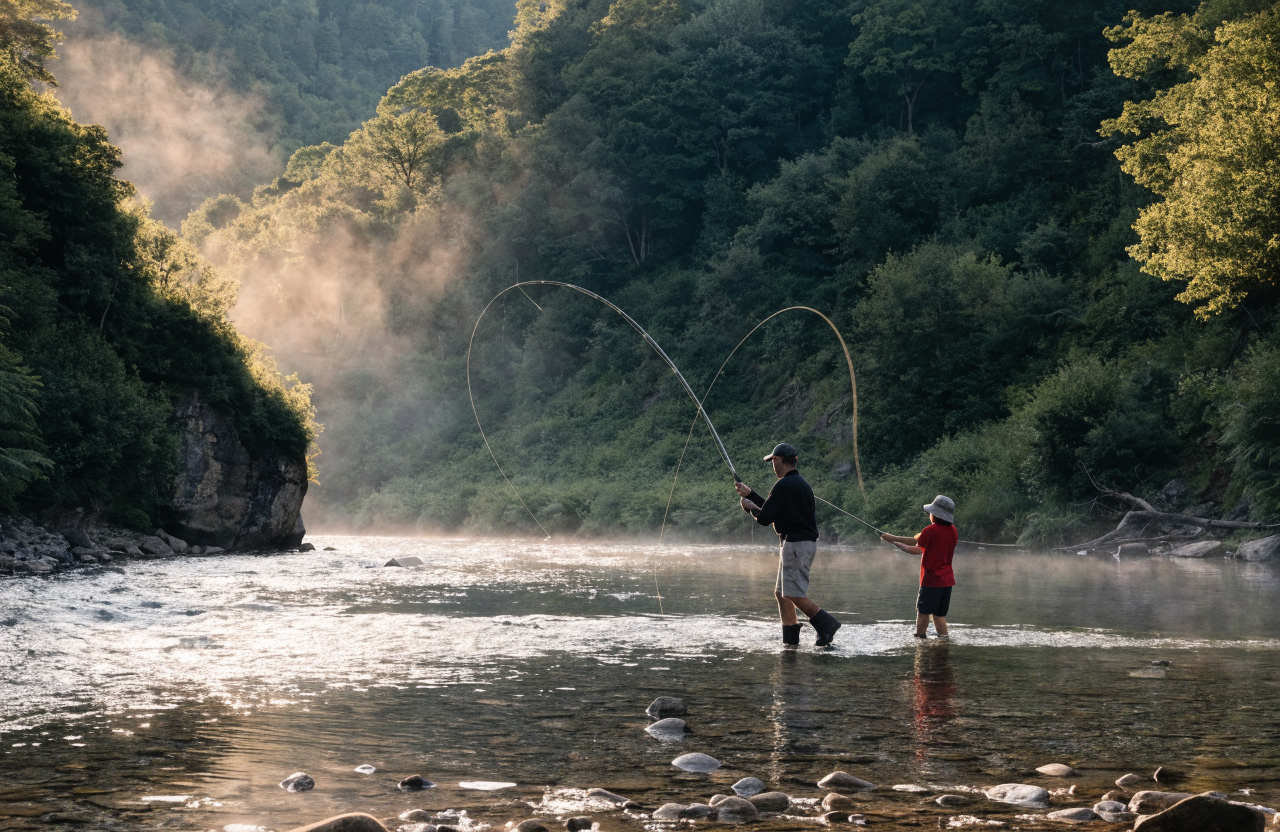 A parent and child fly fishing together on a mountain river